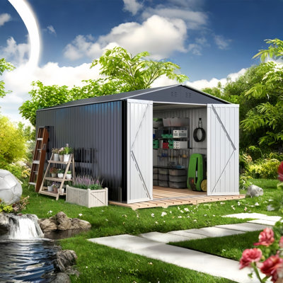 Outdoor Metal Storage Shed With Shutter Vents For Backyard Lawn Patio, Grey