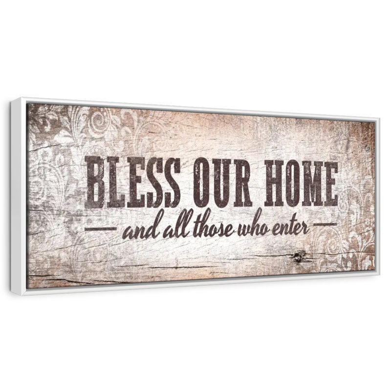 Plaque murale «Bless Our Home», Cadre flottant blanc, 28 po x 10 po