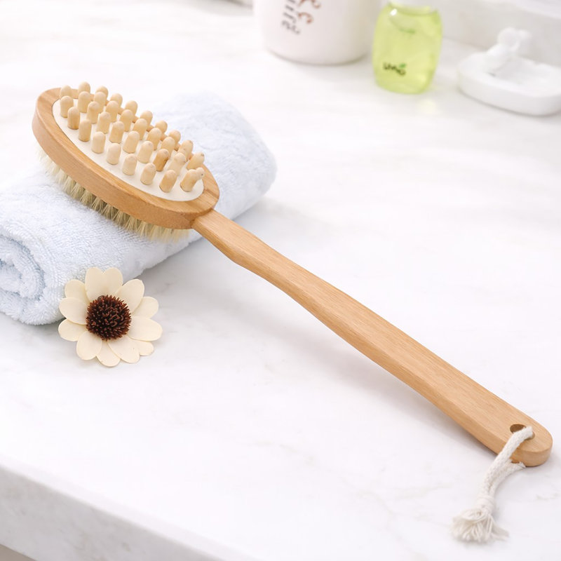 Natural Bamboo Body Brush with Long Handle - Dual-Sided Back Scrubber