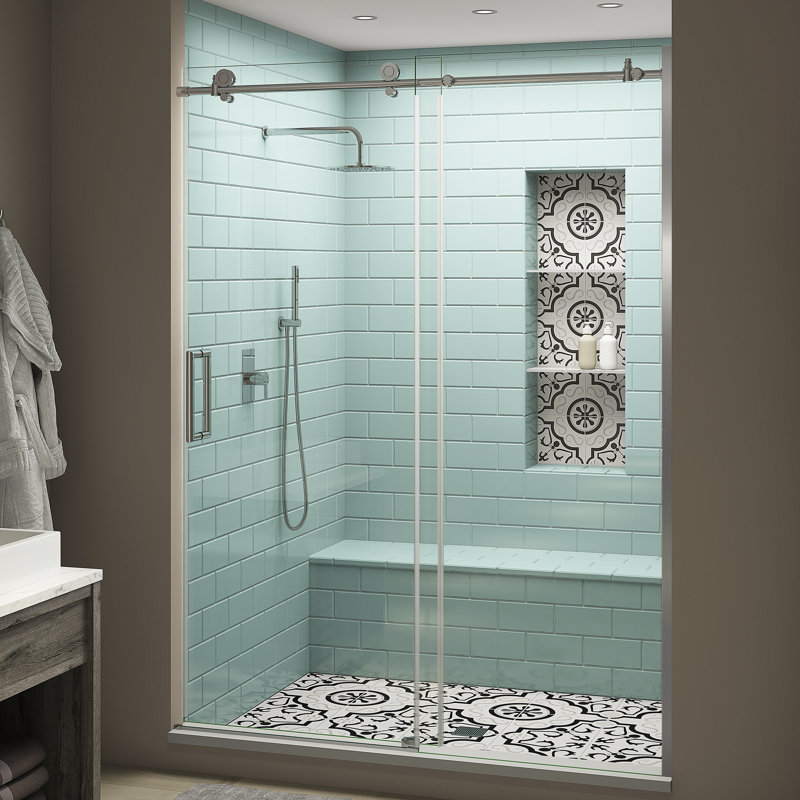 Coraline XL 56" W x 80" H Single Sliding Frameless Shower Door, Left Opening, Chrome
