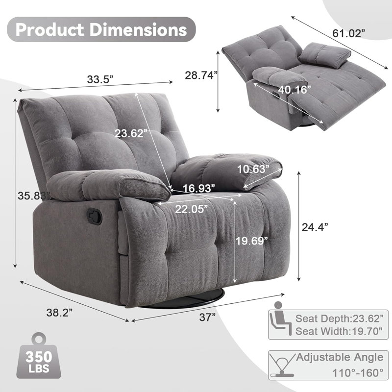 Fauteuil inclinable pivotant surdimensionné de 38 po de largeur, Gris