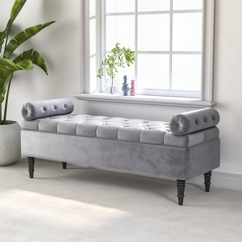 Ethelsville Upholstered Flip Top Storage Bench with Side Arms, Grey Velvet