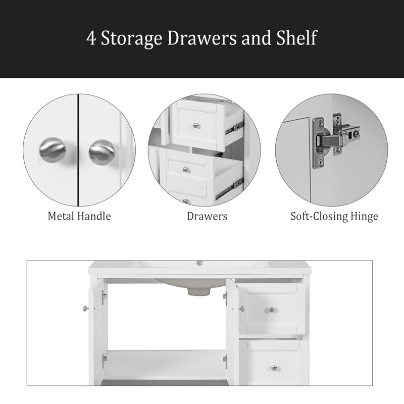 Meuble-lavabo de 36 po avec lavabo, meuble-lavabo autoportant en bois massif avec 4 tiroirs de rangement et tablette, portes à fermeture douce