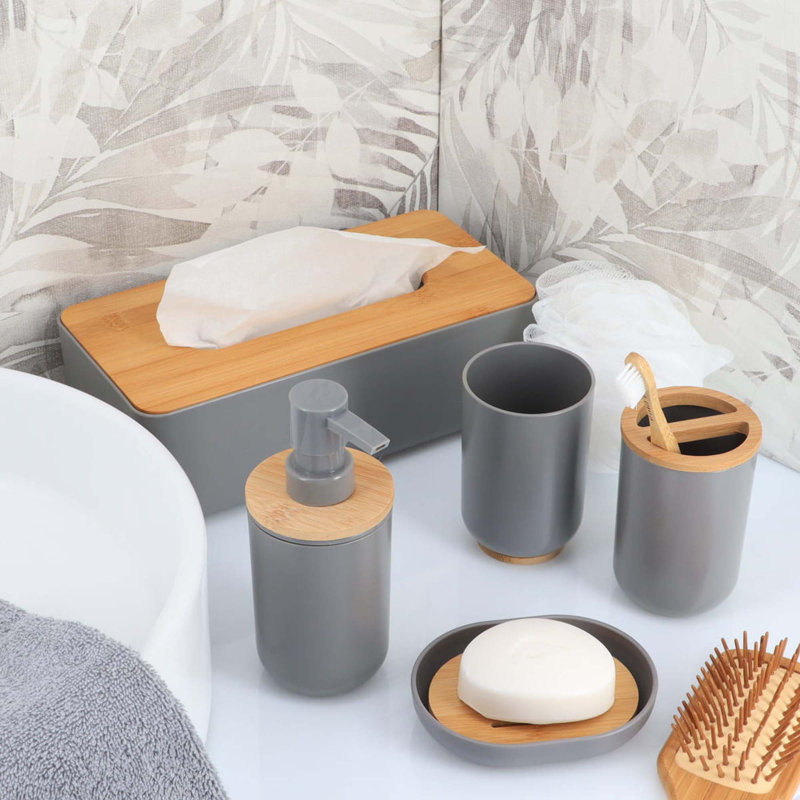 Gray and Bamboo Soap and Lotion Dispenser with Natural Top