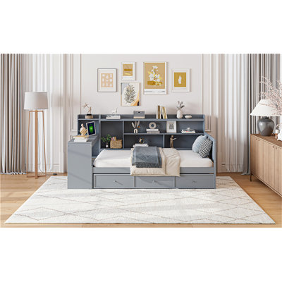  Lit avec rangement en bois de pin et bureau intégré | 3 tiroirs et compartiments latéraux | Ports de charge | Support à lattes (aucun sommier requis) | Idéal pour les petites chambres