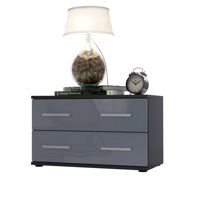 Janney 59.99cm W Wood Bedside Table, Matt black/Glossy grey
