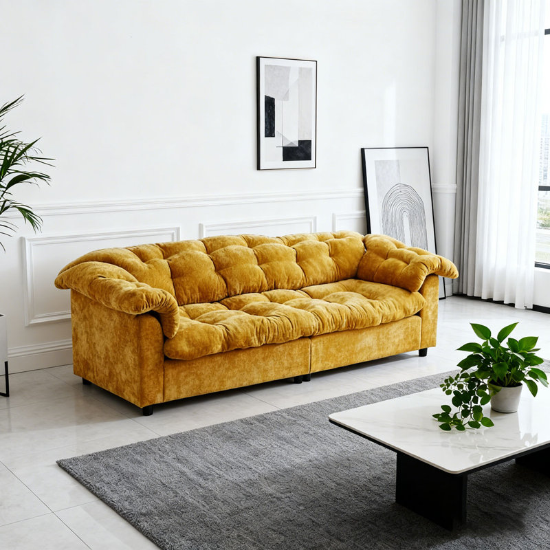 94.8" Chenille Modern Comfort Deep Seat Sofa, Upholstered Fluffy Cloud Sofa, Yellow