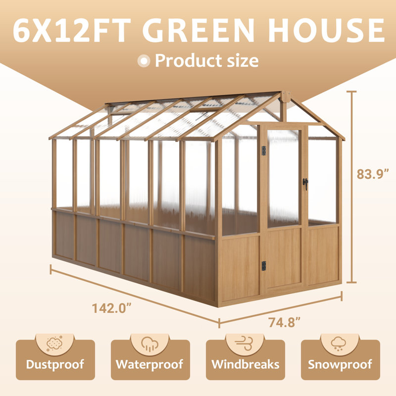 6 ft. W x 12 ft. D Greenhouse for Outdoors, Solid Wood Garden Greenhouse with Quick Assembly, 6x12 FT