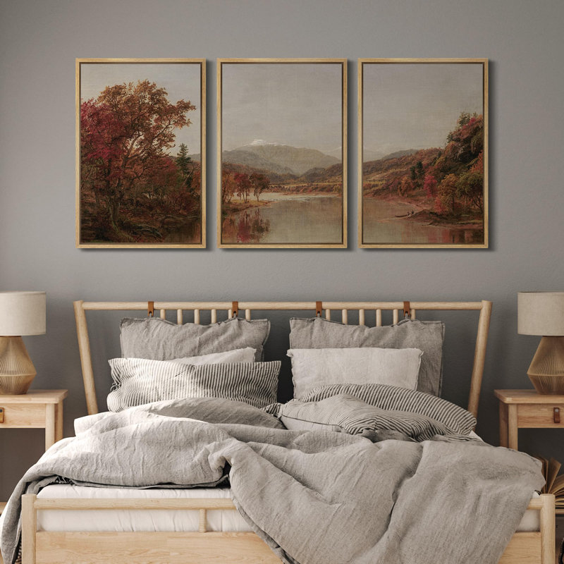 «Autumnal Serenity Fall Foliage And Mountain Lake Nature Wilderness Illustration Decor», 3 pièces sur toile, Encadré naturel