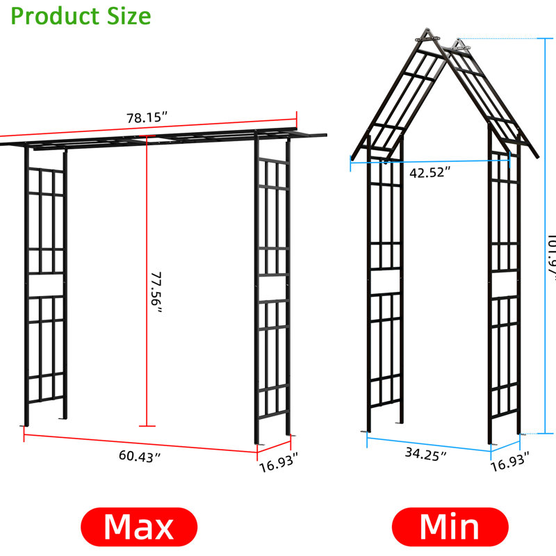 Arche de jardin en métal noir avec une largeur réglable de 42,52 po à 78,15 po pour une arche captivante, largeur, extérieur pour une présentation brillante