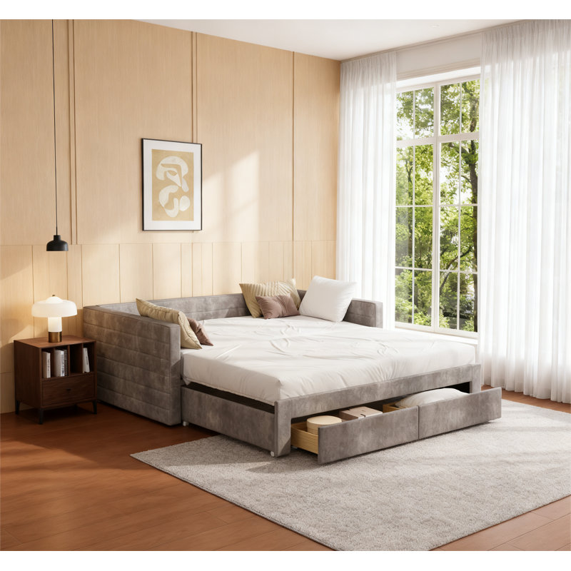 Upholstered Extendable Daybed Frame with Trundle, Gray