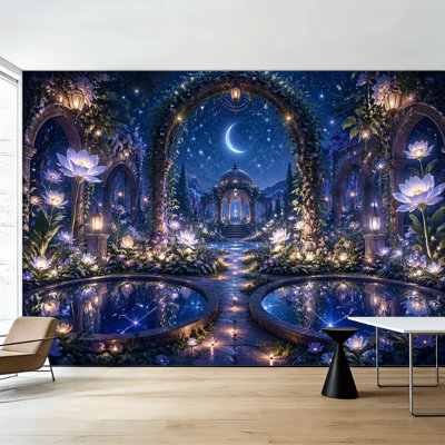 Papier peint adhésif pelez et collez, jardin magique, lanternes brillantes, piscines réfléchissantes sous un mur étoilé, auto-adhésif et amovible