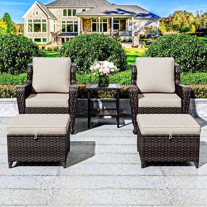 5-piece Patio Rattan Conversation Set With Side Table, Beige