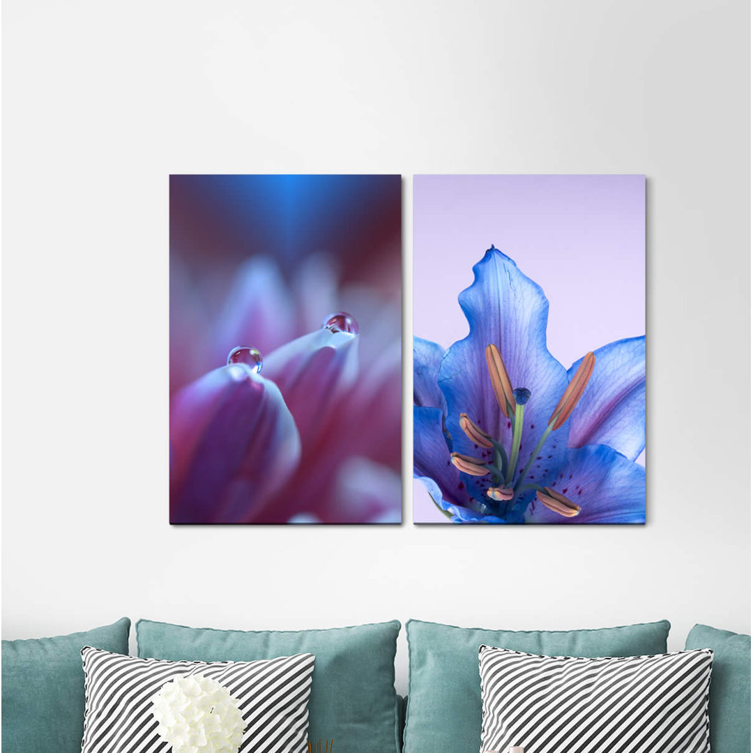 2-tlg. Leinwandbilder-Set - Grafikdruck „Water Drops Flowers Blue Flowers Summer”