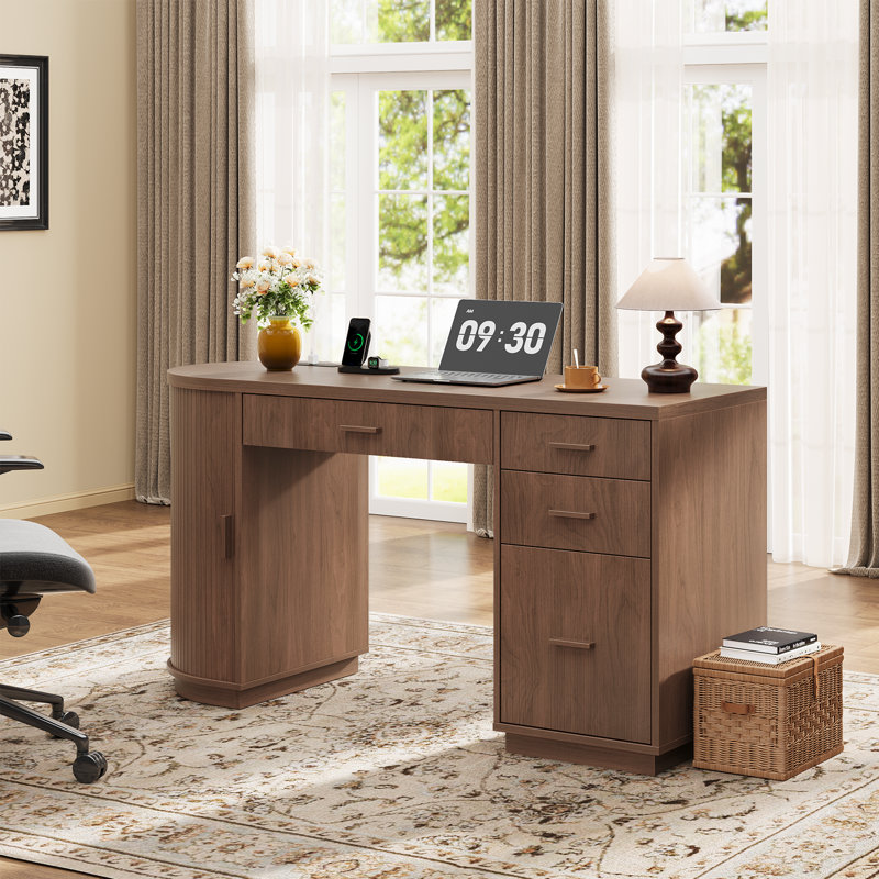 57.9" W Mid-Century Modern Executive Desk, Walnut