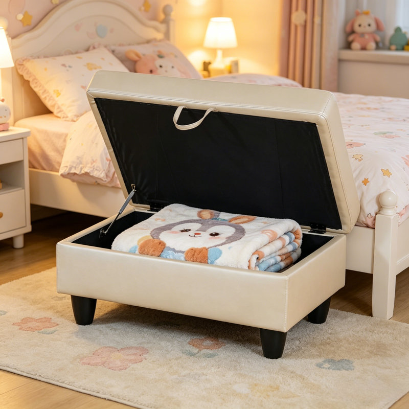 Cream Faux Leather Rectangular Lift Top Storage Ottoman Foot Stool, 33.5"×22"×17", Cream Faux Leather