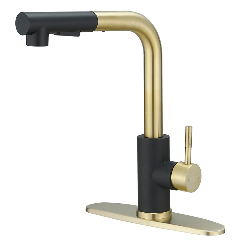 Pull Out Single Handle Kitchen Faucet With Deck Plate and Supply Lines, Black/Gold