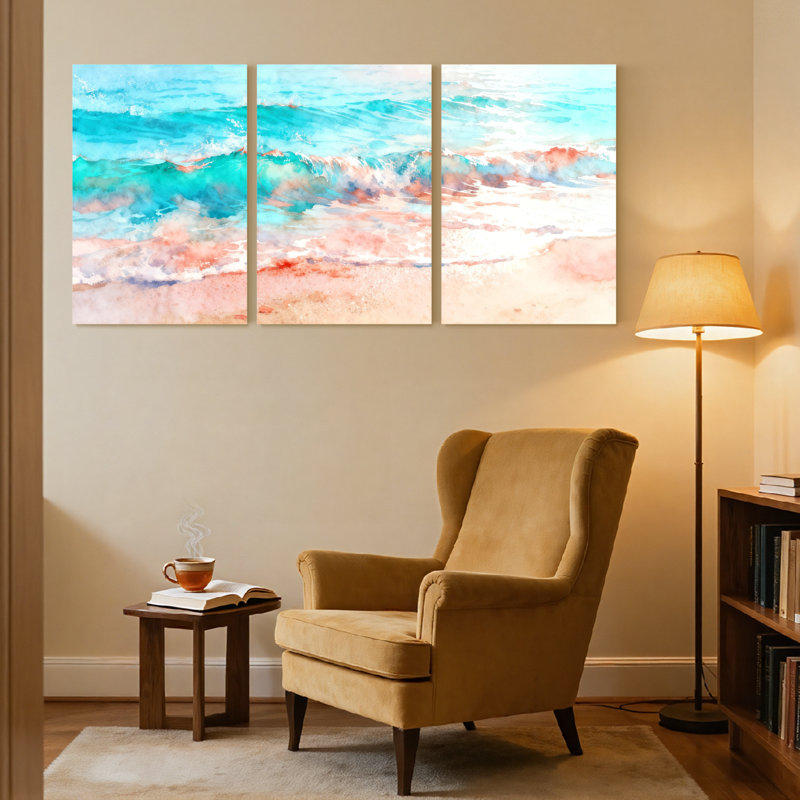 Plage, océan, vagues, plage, aquarelle, ensemble de 3 reproductions d'art sur toile, H 18 po x l 36 po