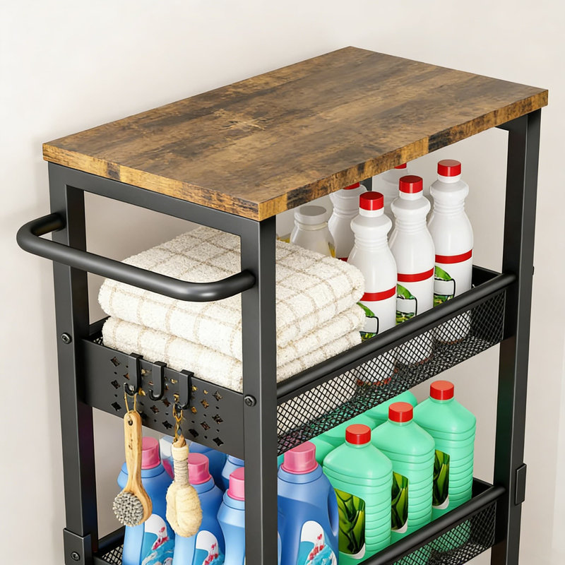 Chariot de rangement mince et roulant avec 4 tablettes à niveaux, organisateur étroit avec plateau en bois et roulettes pour la cuisine, la salle de bain, la salle de lavage et les petits espaces