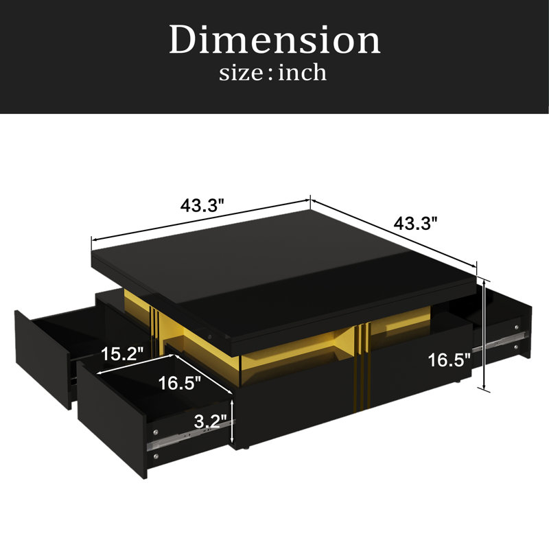 Table basse moderne carrée avec rangement à 4 tiroirs 43,3 po, Noir