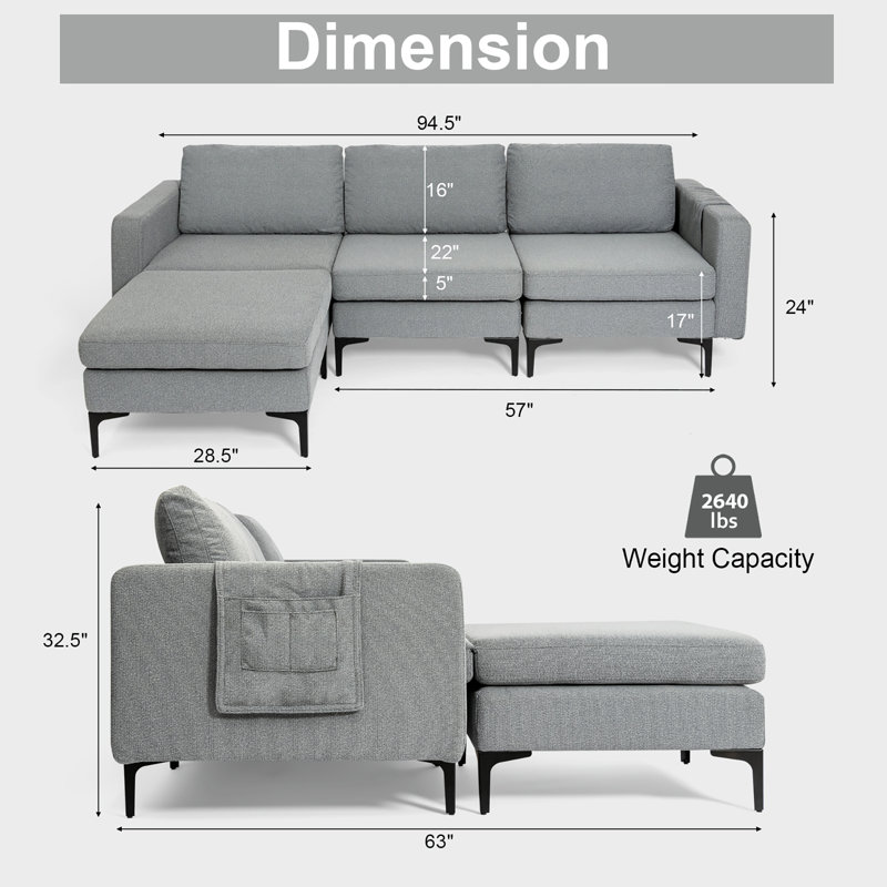 Boose Upholstered L-Shaped Sectional with Ottoman Left Hand Facing, Gray Linen