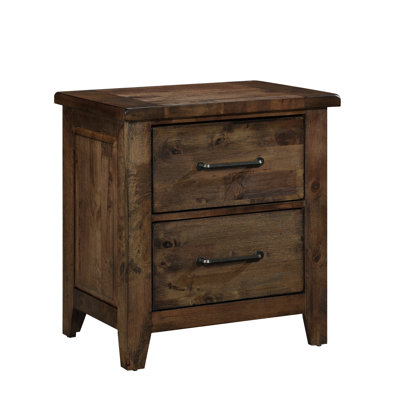 Solid Rubberwood Nightstand - Rustic Look Bedroom Furniture, 2 Drawers, Burnished Finish, Classic Transitional Style,