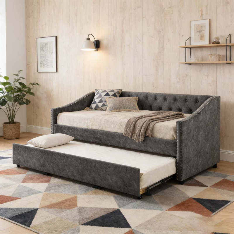 Twin Size Daybed With USB Charging & Pull-Out Extendable Bed, Gray