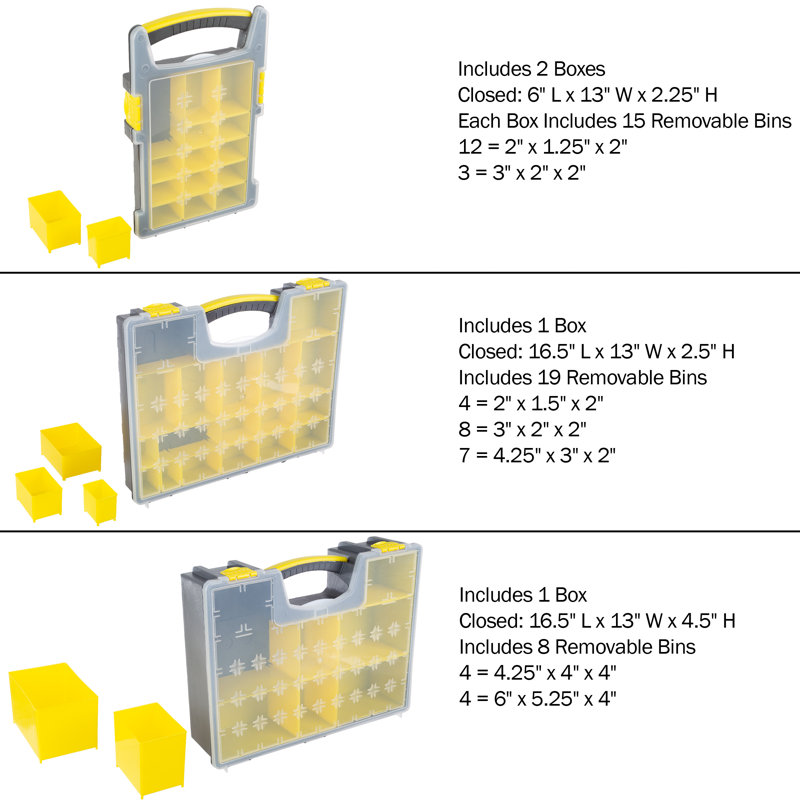 Yellow and Black Plastic Tool and Hardware Organizer Set with Clear Tops