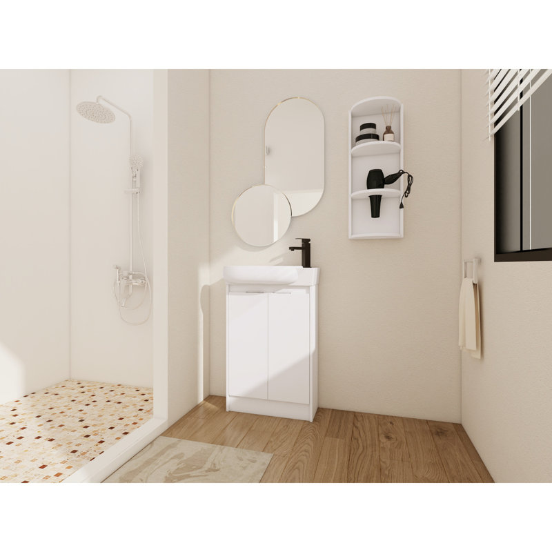 Meuble-lavabo autoportant de 23 po avec lavabo et support de rangement, portes à fermeture douce, Blanc lustré
