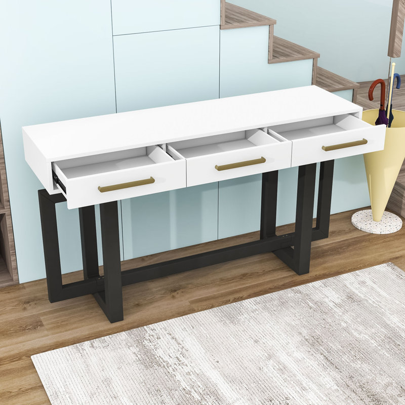 Console minimaliste avec 3 tiroirs de rangement, Blanc / gris foncé