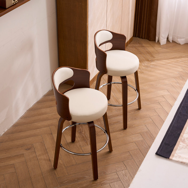 Set of 2 Bar Stools, Modern Wood Swivel Bar Chairs with Cushioned Seat, Easy Clean Faux leather Upholstery, Sturdy Kitchen Island & Home Bar Stools, Easy Assembly,White
