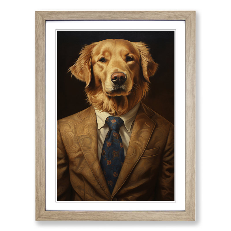 Golden Retriever In A Suit Painting - Single Picture Frame Print on Wood, Oak, 46cm H x 34cm W x 2cm D