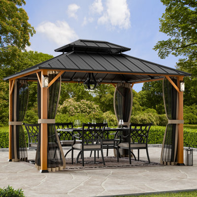 Pavillon de jardin à toit rigide 10 pi x 12 pi Horizon avec lumières solaires auto-alimentées, moustiquaire et crochet pour auvent
