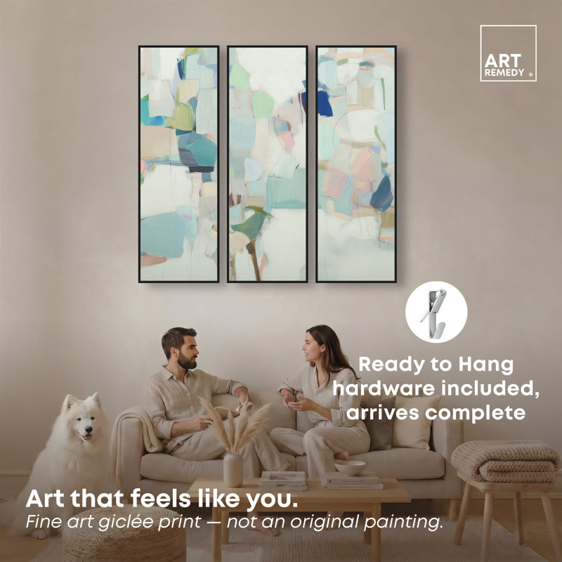 «Soft Patchwork I», ensemble de décorations sur toile encadrées par Art Remedy, cadre noir, 16 x 48, H 49 po x l 17 po