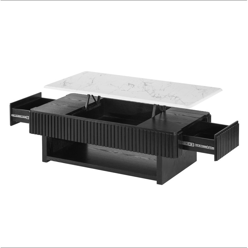 Table basse à plateau relevable rectangulaire de 46,5 po avec tiroir et rangement caché, table cannelée moderne avec plateau en marbre et bandes de bois massif, table centrale multifonctionnelle pour les petits espaces, salon