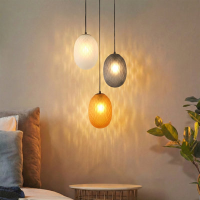 Modern 3-Light Cluster Pendant Chandelier, Matte Black with Textured Glass Shades (White/Smoke/Amber), Adjustable & Sloped-Ceiling Compatible