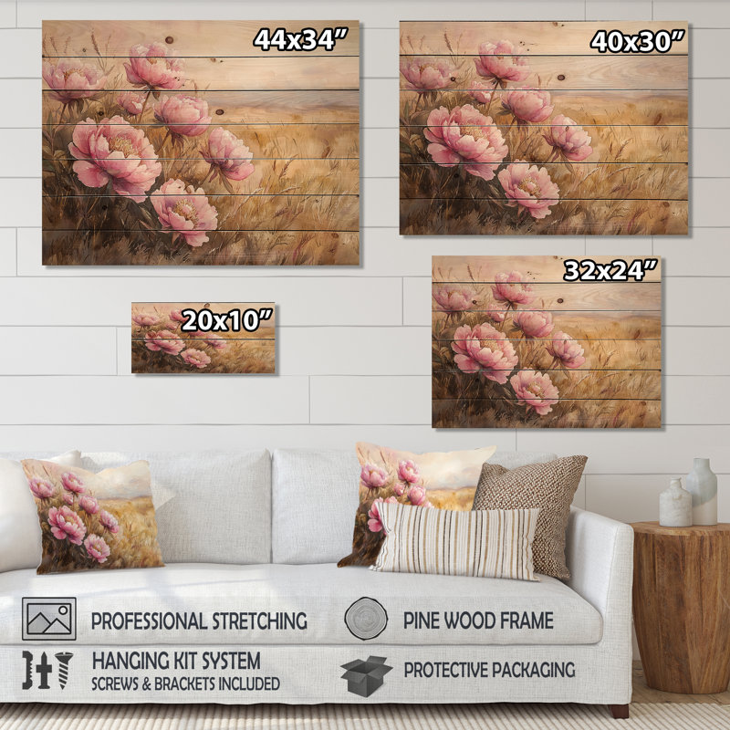 Pivoines par la prairie ouverte I - Art mural en bois de pivoines - sur bois de pin naturel, H 10 po x l 20 po x P 0,78 po