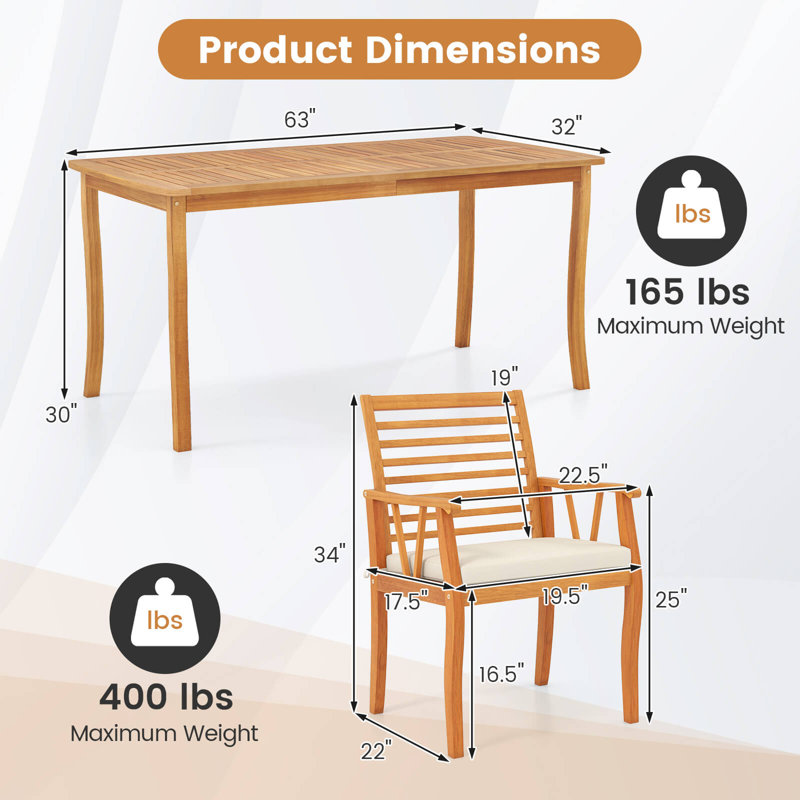 7 PCS Patio Dining Set Acacia Wood Table and Chairs Set with 1.97” Umbrella Hole
