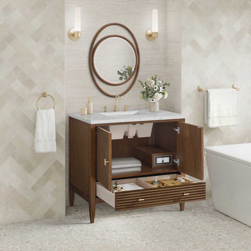 Myrrin 36'' W Single Vanity, Mid-Century Walnut, Ethereal Noctis, 8" Widespread