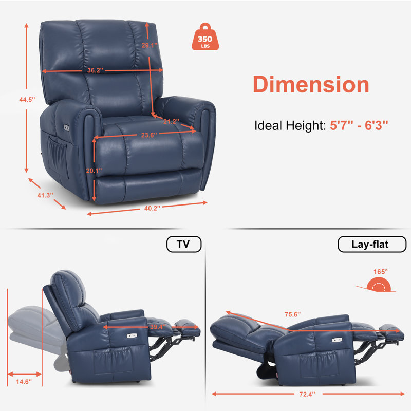 Lay Flat Power Recliner Chair with Heat and Vibration, Infinite Position, Faux Leather, Navy