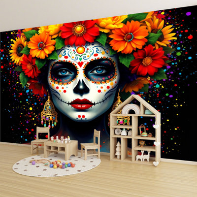 Papier peint peler et coller, coloré, mort, mort, crâne de sucre, peintures murales florales mexicaines vibrantes, H 100 po x l 144 po, papier peint amovible en PVC, adhésif mural pour chambre à coucher, bureau à domicile