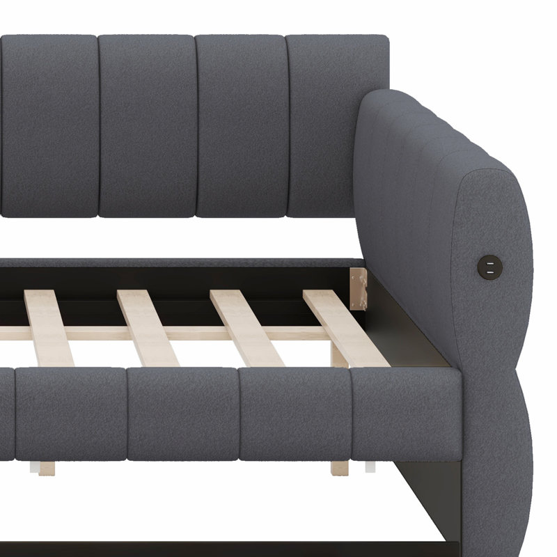 Multifunctional Upholstered Platform Bed Frame Featuring USB Ports And Convenient Trundle, Gray