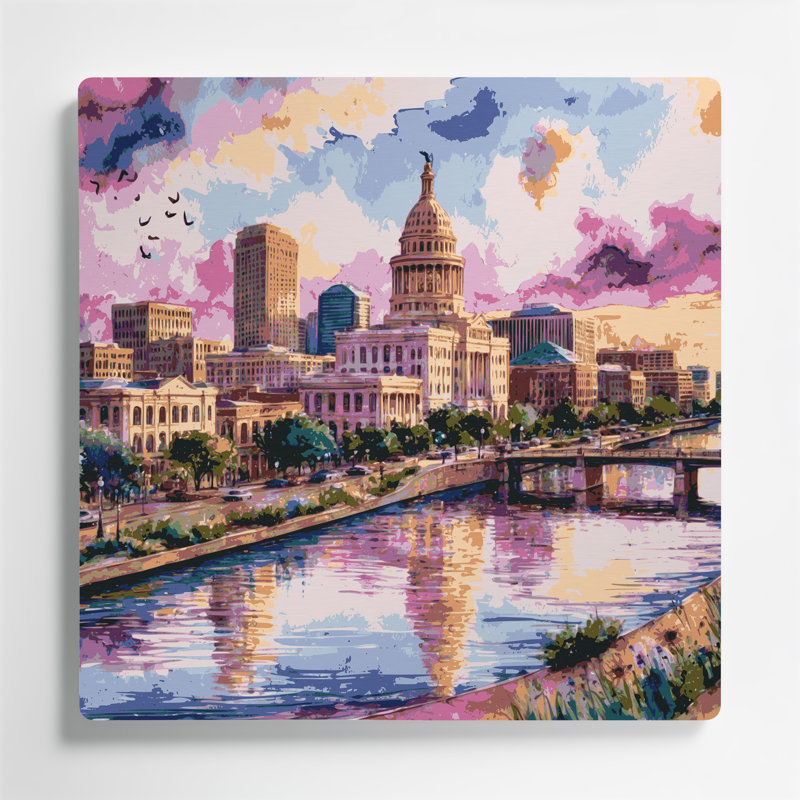 Art mural beige en métal avec cités «City Austin», H 32 po x l 32 po