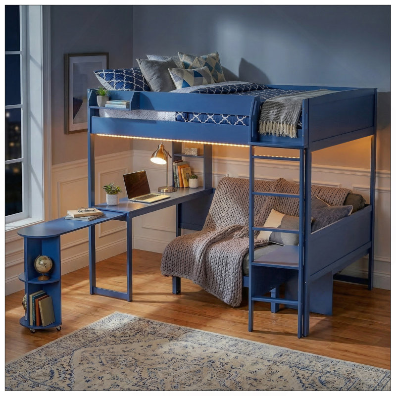 Lit mezzanine double en bois avec bureau, tablette de rangement de chevet, canapé et lumière, bleu marine, Marine