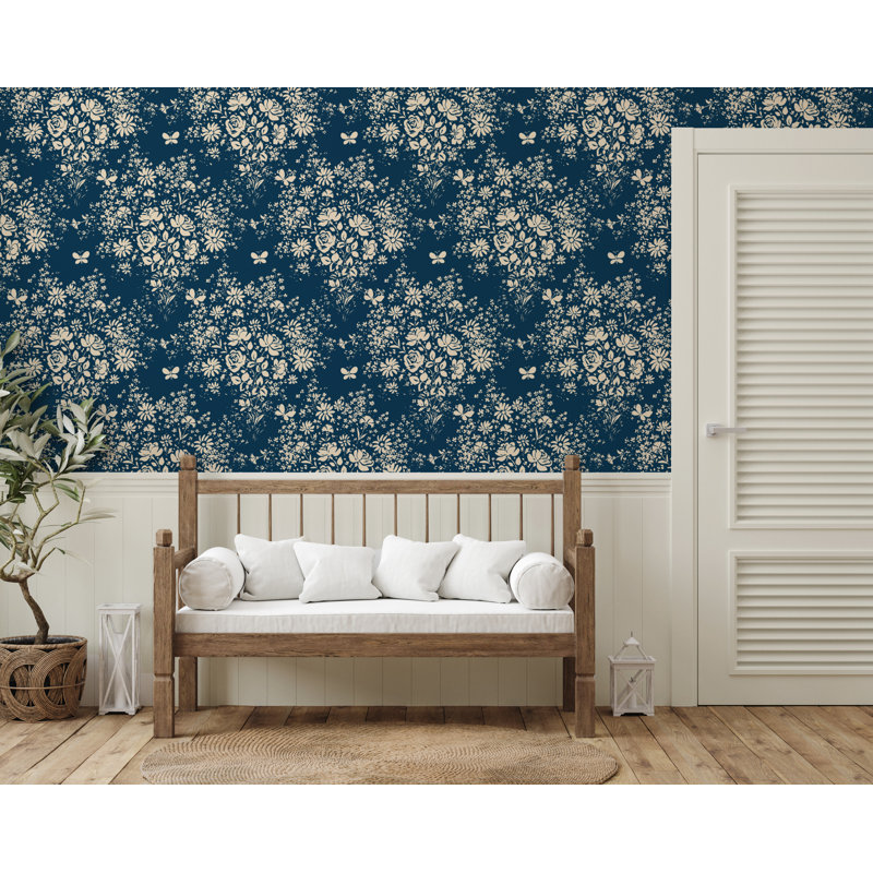 Paule Marrot Floral Non-Pasted Satin Wallpaper Double Roll by Paule Marrot, Navy