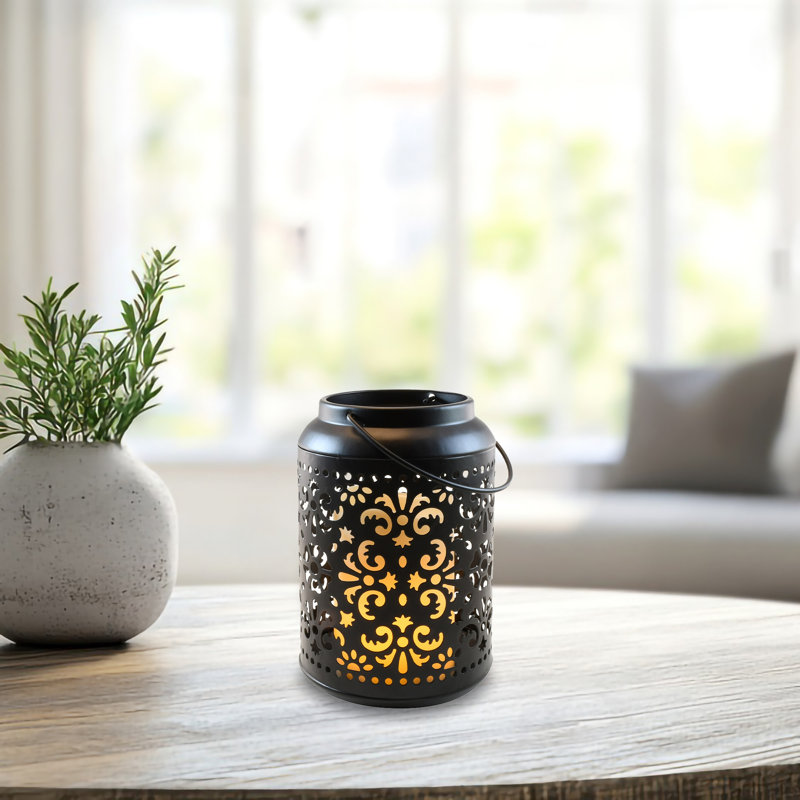 Flame Effect Battery-Operated Black Metal Lantern