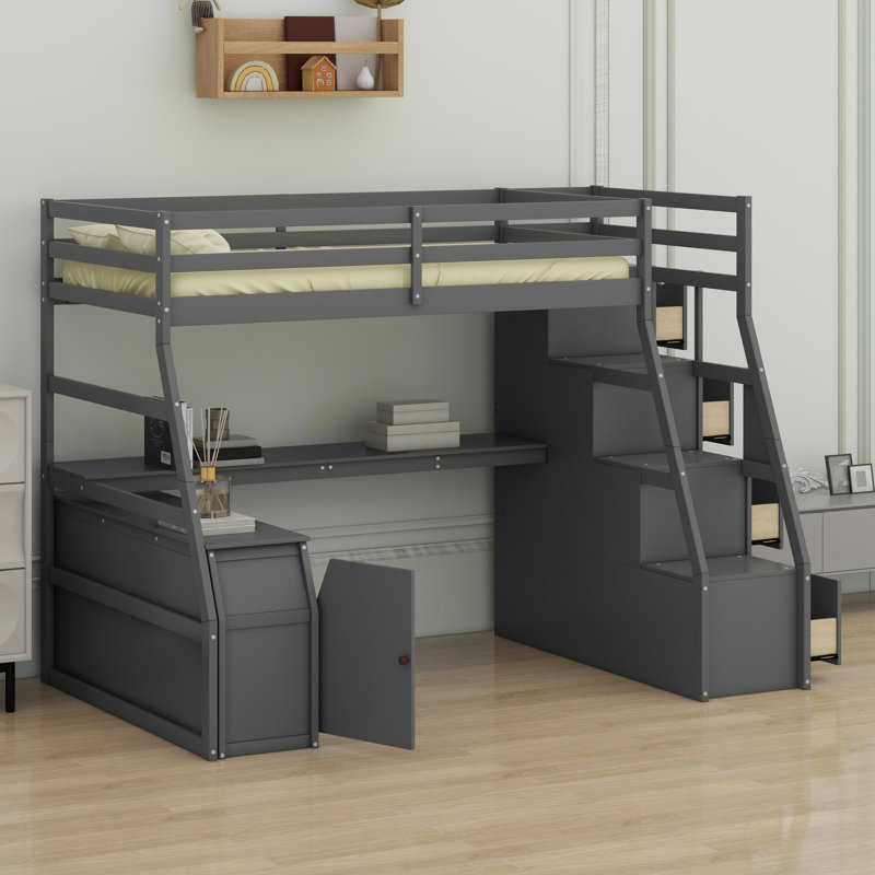 Lit mezzanine avec tiroirs, tablettes et bureau, Gris