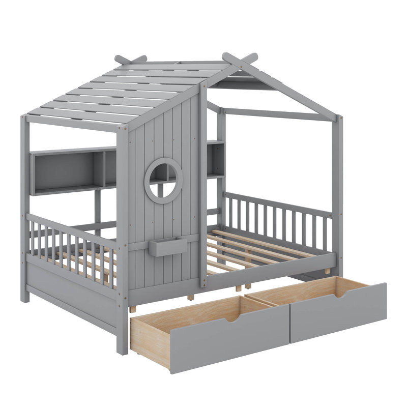 Lit en bois avec tiroirs, Lit double, Gris