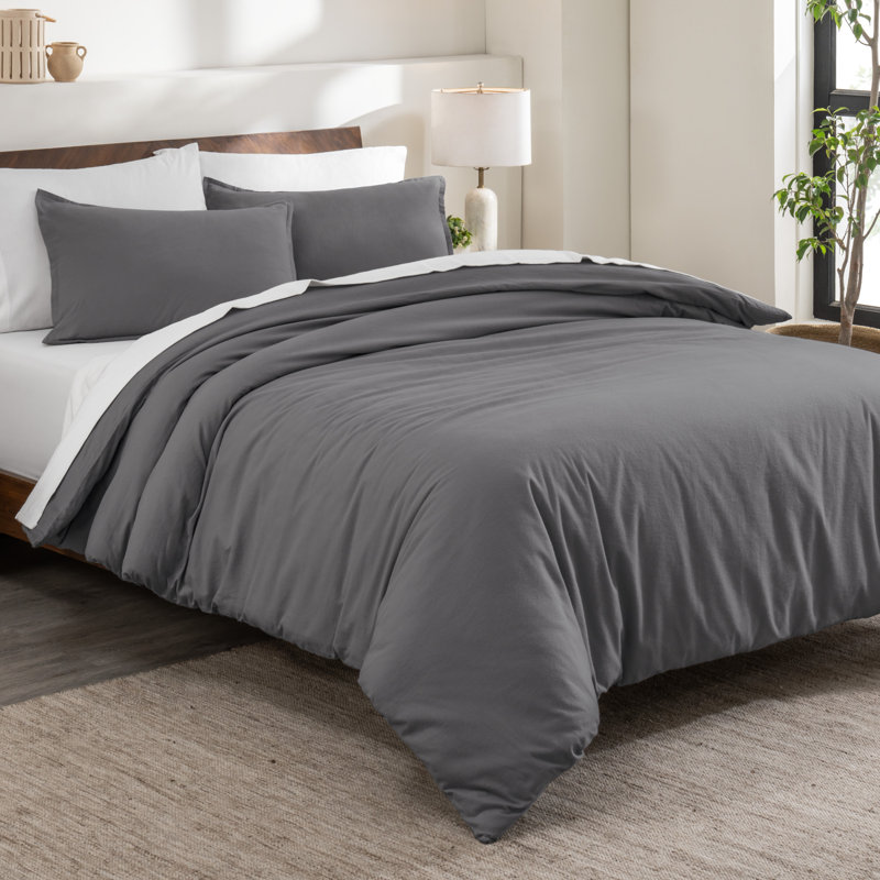100% Cotton Flannel Duvet Cover Set, Gray, Full Duvet Cover + 2 Standard Shams