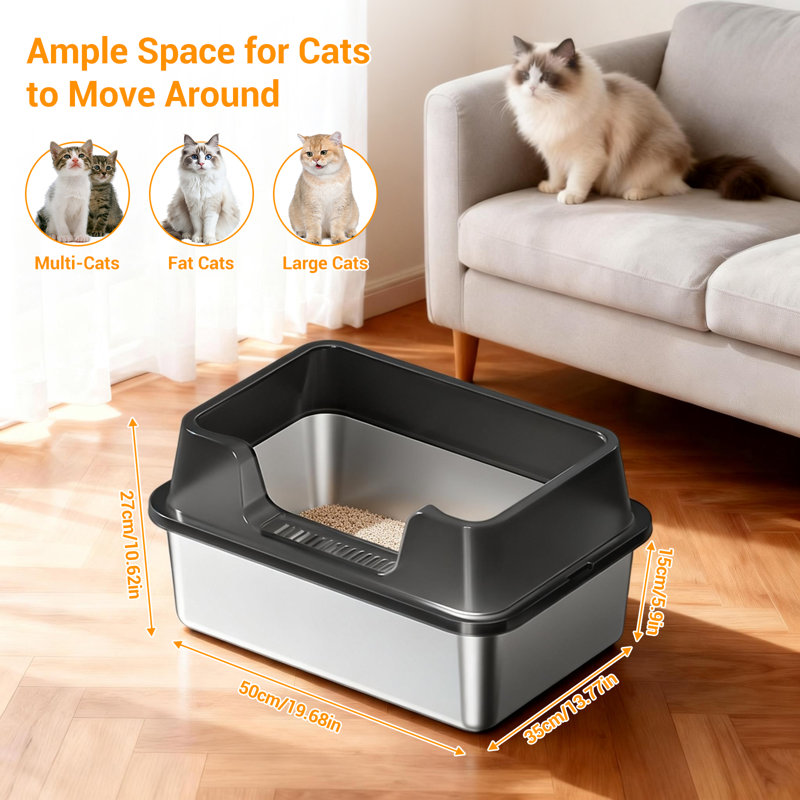 High Sided Stainless Steel Cat Litter Box – Extra Large, Non-Stick & Odor Resistant, Leak-Proof, Easy Clean, Non-Slip Base, Ideal for Multiple Cats & Rabbits, 50×35CM